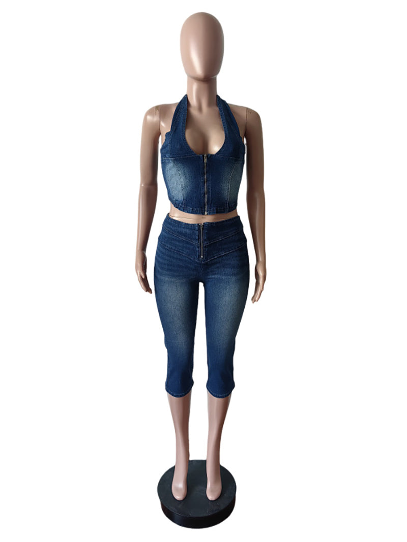 Sexy Halter Lace-up Denim Top and Cropped Jeans Set