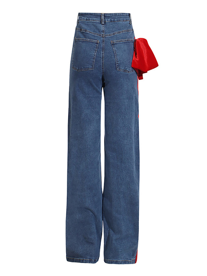 Fashion Contrast Side Bow High Waist Straight Jeans