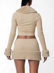 Faux Fur Patchwork Crop Top Mini Skirt Sets