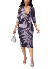 Fashion V-neck Print Bodycon Mid Dress