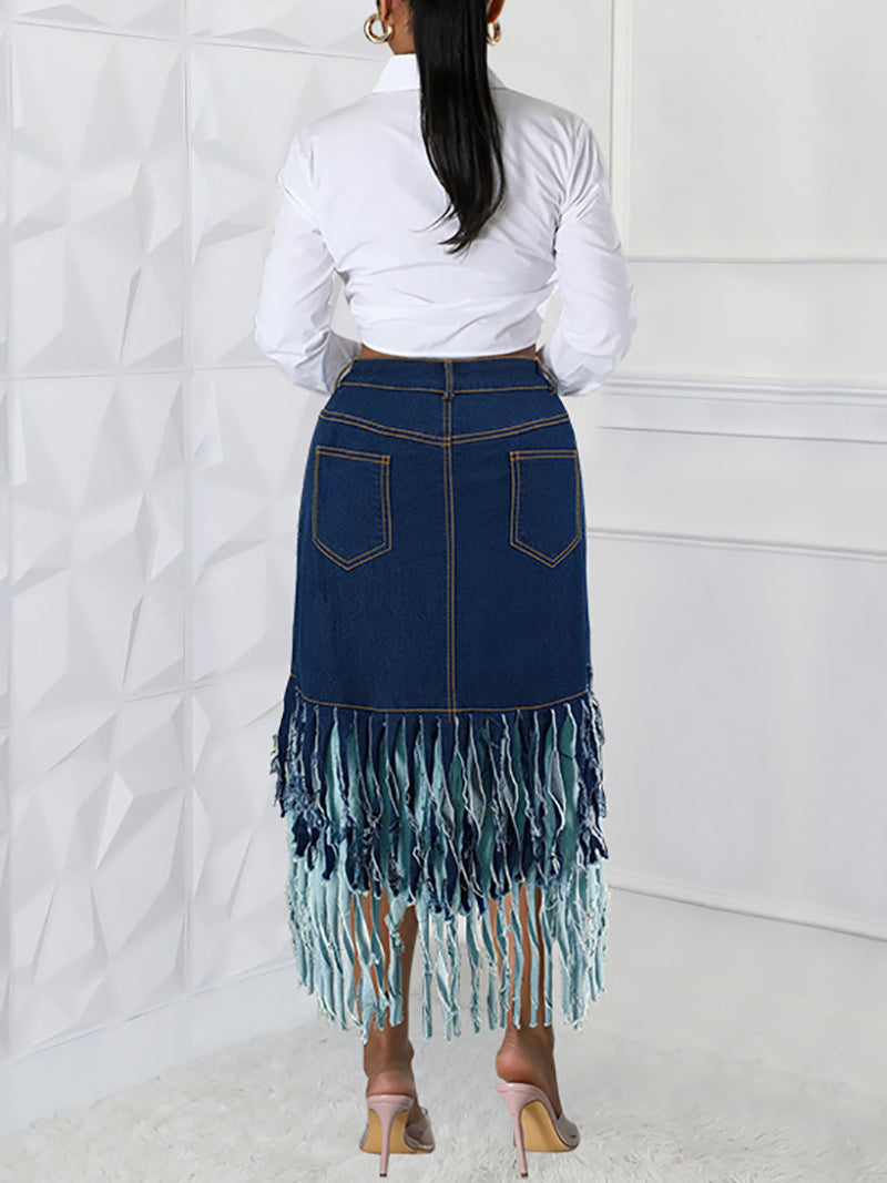 Plus Size Layered Tassel Trim Denim Skirt