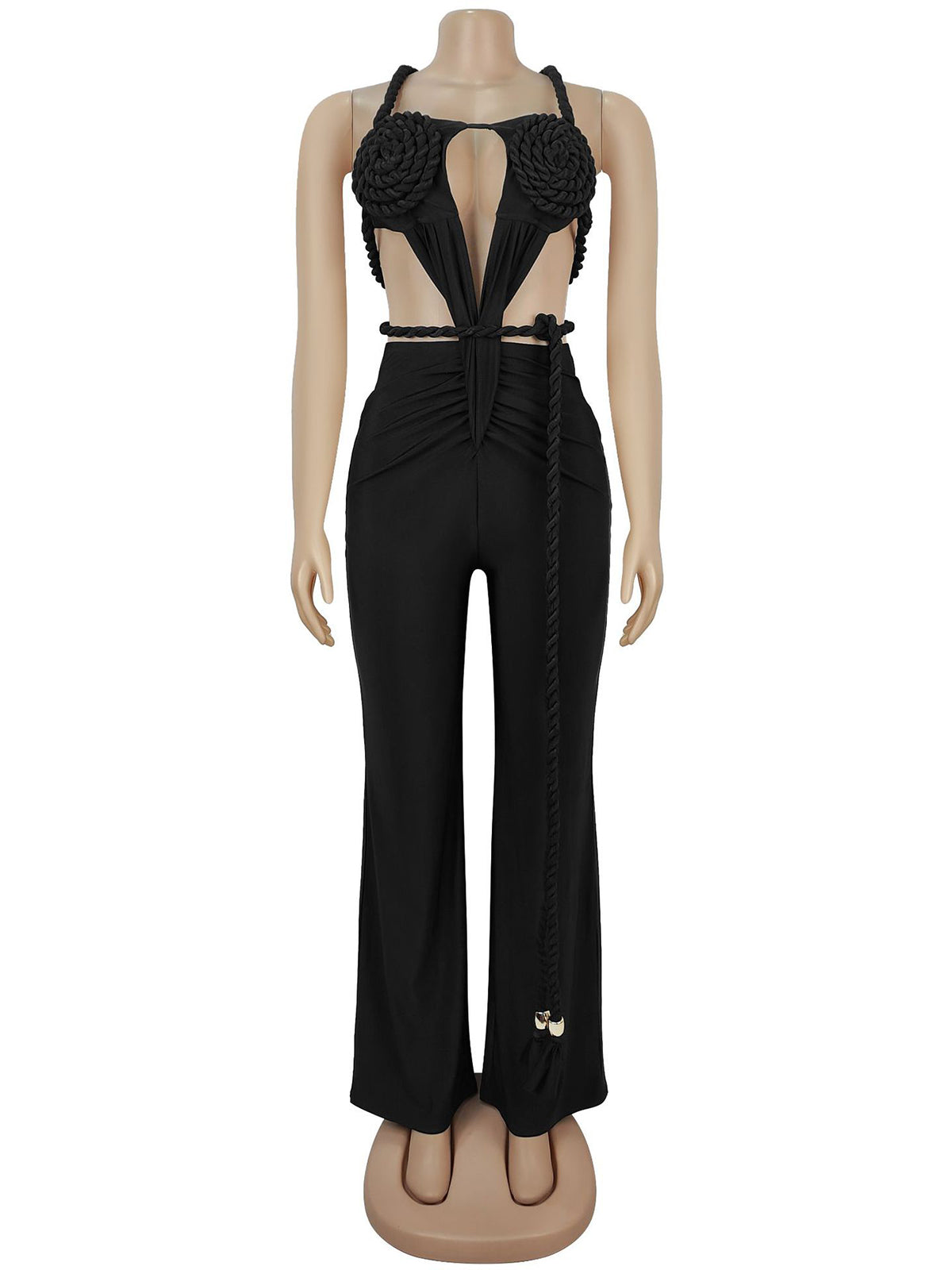 Sexy Hollow Out Knot Ruched Backless Strap Jumpsuit