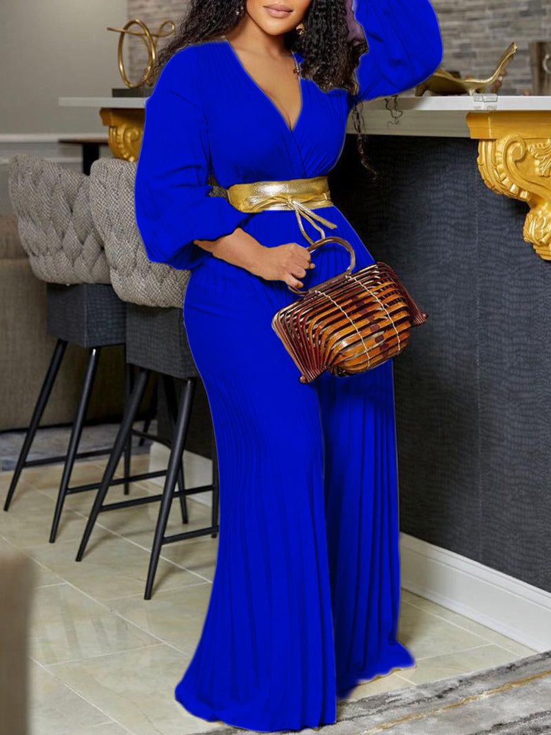 Elegant V Neck Pleated Wide Leg Jumpsuit