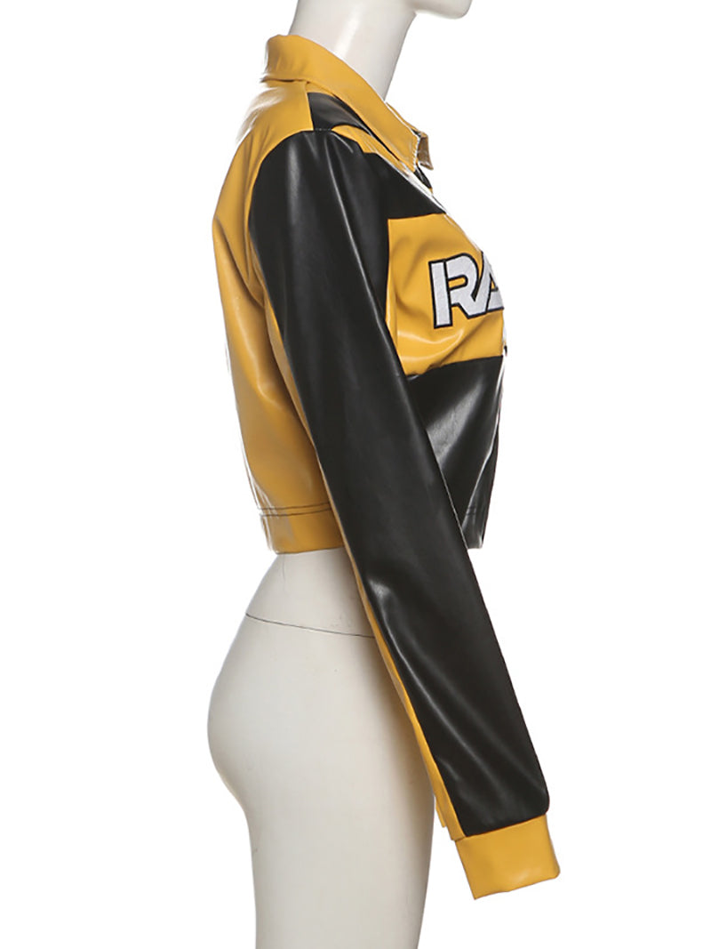 Collared PU Leather Cropped Racing Jacket