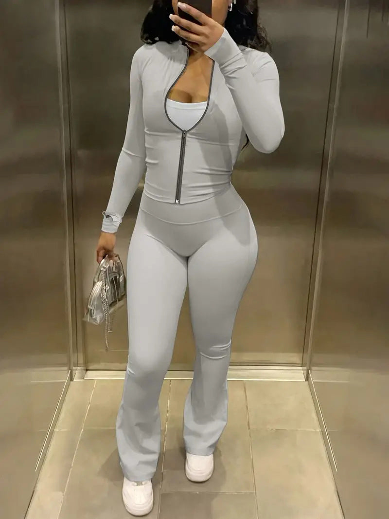 Casual Zip Up Top Slim Flared Leggings Sets