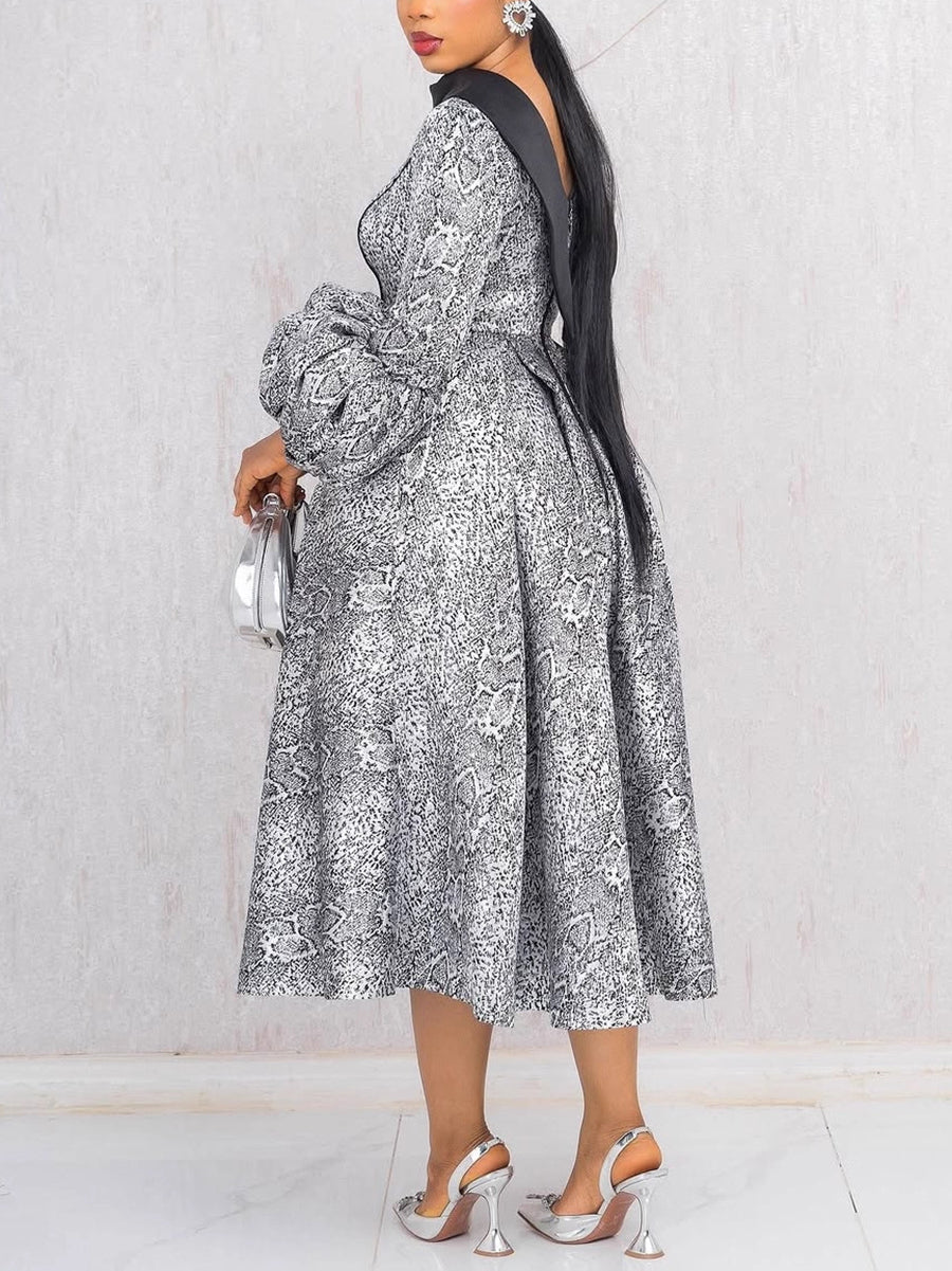Snakeskin Print Patchwork Cinched Waist A-Line Dress
