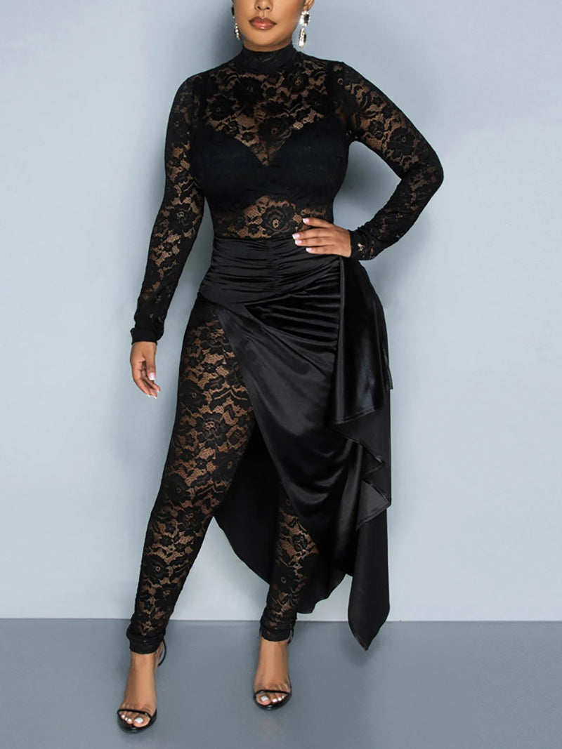 Sexy Lace See through Jumpsuit Cover-up Skirt Set