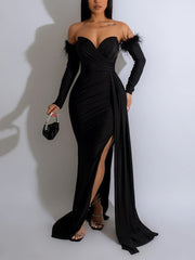 Solid Color Strapless Backless Slit Maxi Dress