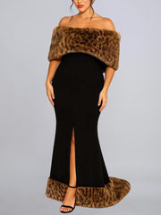 Sexy Leopard Print Faux Fur Patchwork Slim Maxi Dress