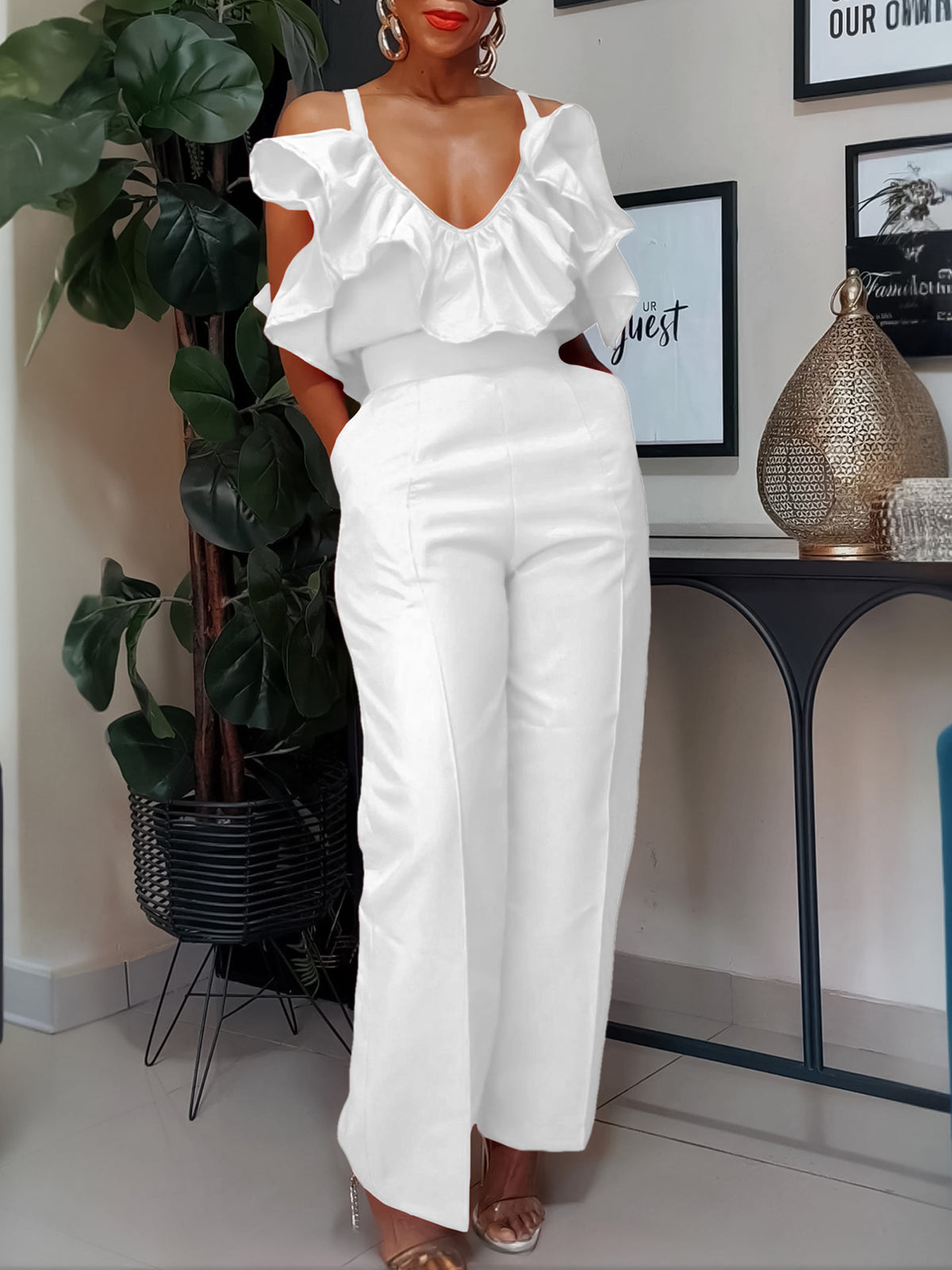 Suspenders Ruffles Tops High Waist Pants Set