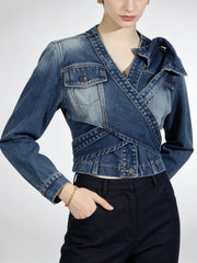 Asymmetric Tie Front Cropped Denim Jacket-boutique