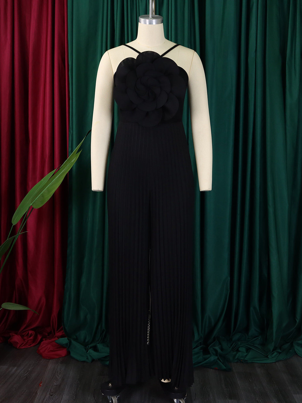 Flower Decoration Pleated Wide Leg Jumpsuit