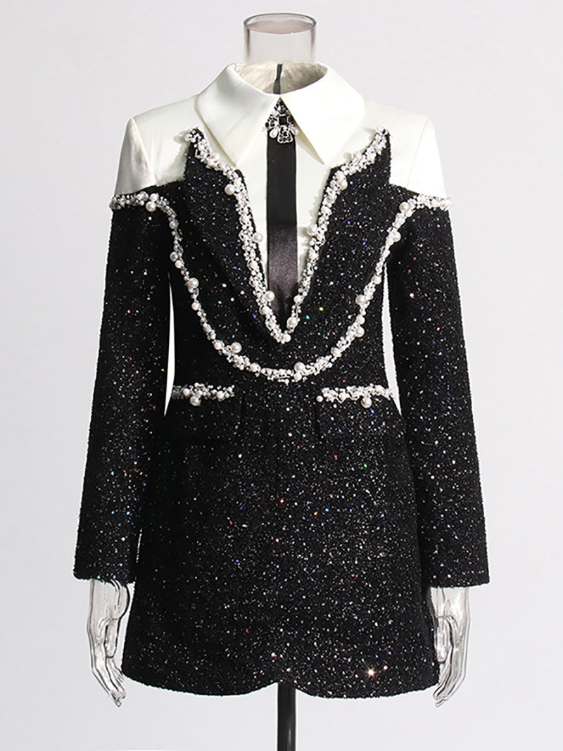 Fashion Sequin Beaded Slim Blazer Mini Dress