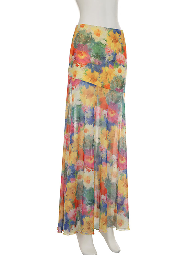 Casual Tie-Dye Print High Waist Mesh Long Skirt