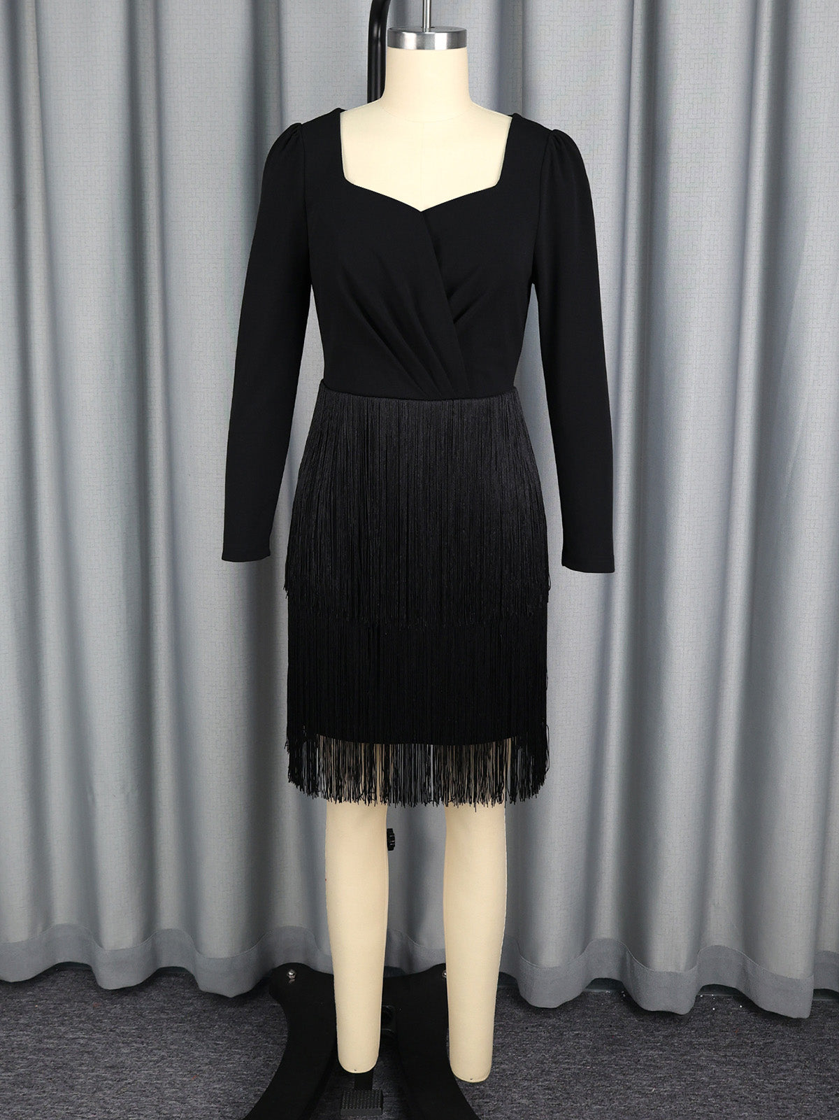 Elegant Square Neck Slim Fringe Tiered Dress