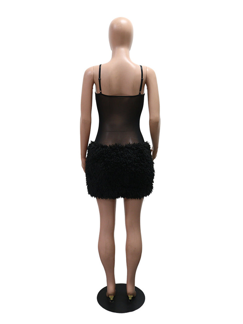Sexy Sheer Mesh Patchwork Fluff Sleeveless Mini Dress