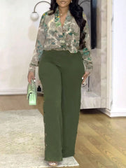 Floral Print Casual Shirt Wide Leg Pants 2 Piece Set