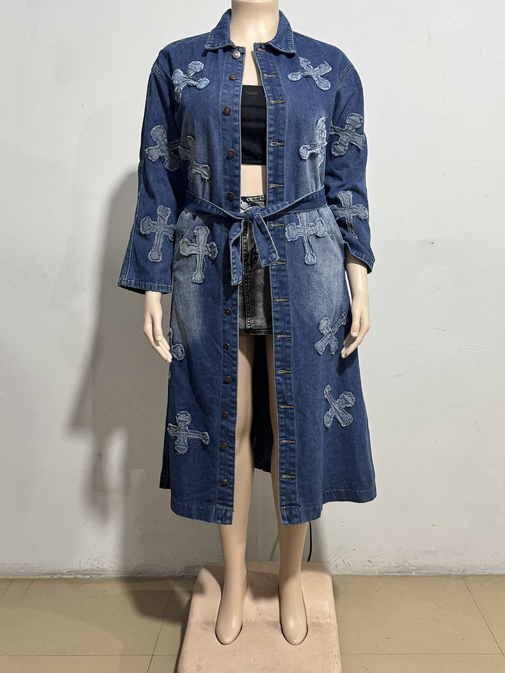 Fashion Cross Embroidered Long Denim Jacket