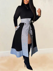 Fashion High collar Top Plaid Slit Mid Skirt Set