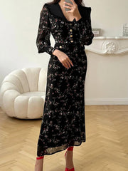 Elegant Print Ruffle Lapel Party Slim Dress