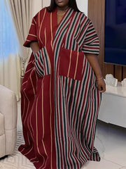Elegant V Neck Short Sleeves Striped Loose Dress