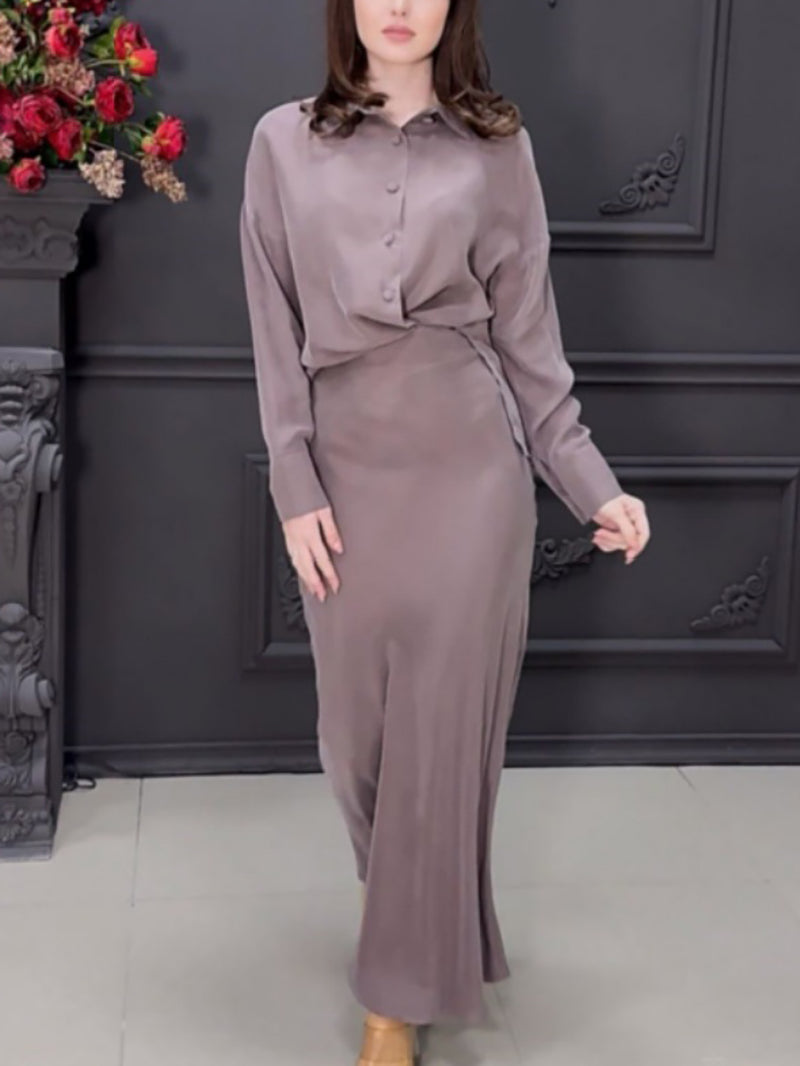 Casual Solid Color Shirt Long Skirt Set