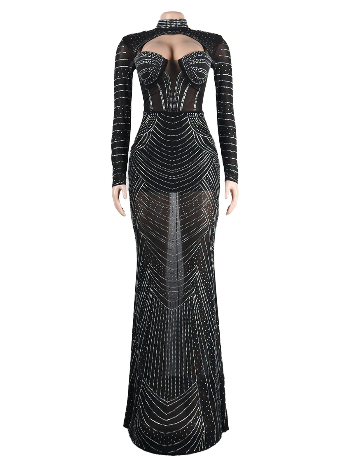 Sexy Rhinestone Sheer Mesh Slim Nightclub Party Dress