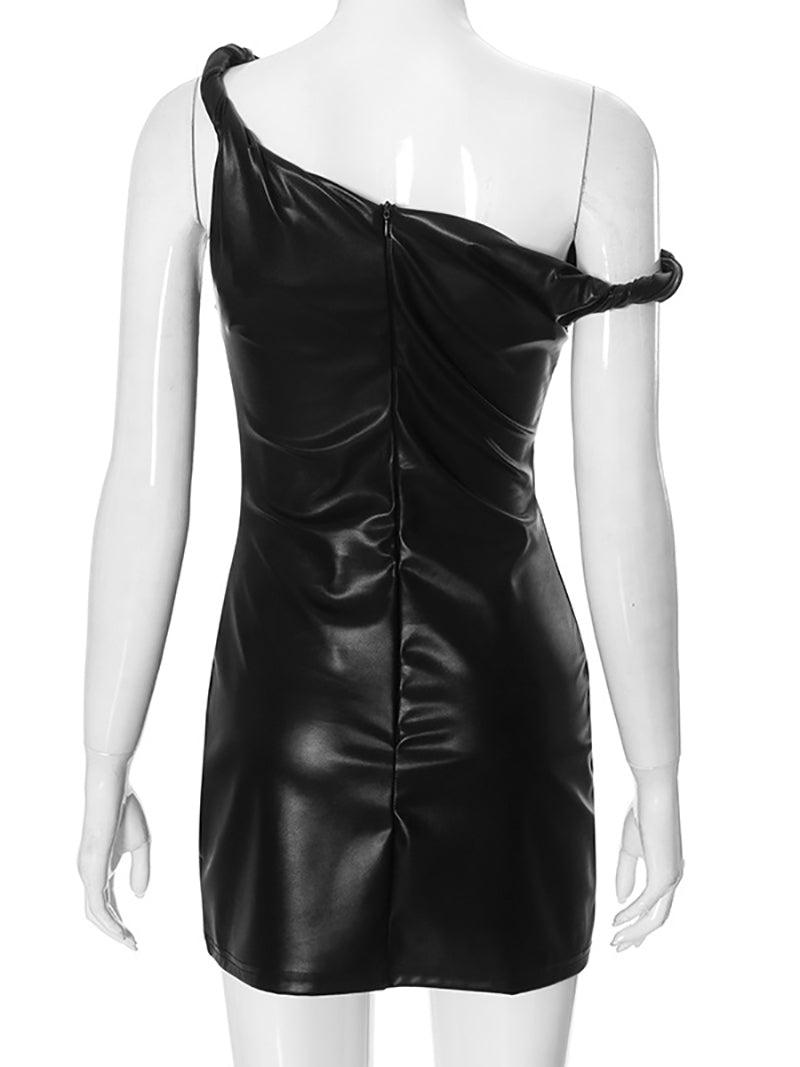 Faux Leather One Shoulder Ruched Mini Dress