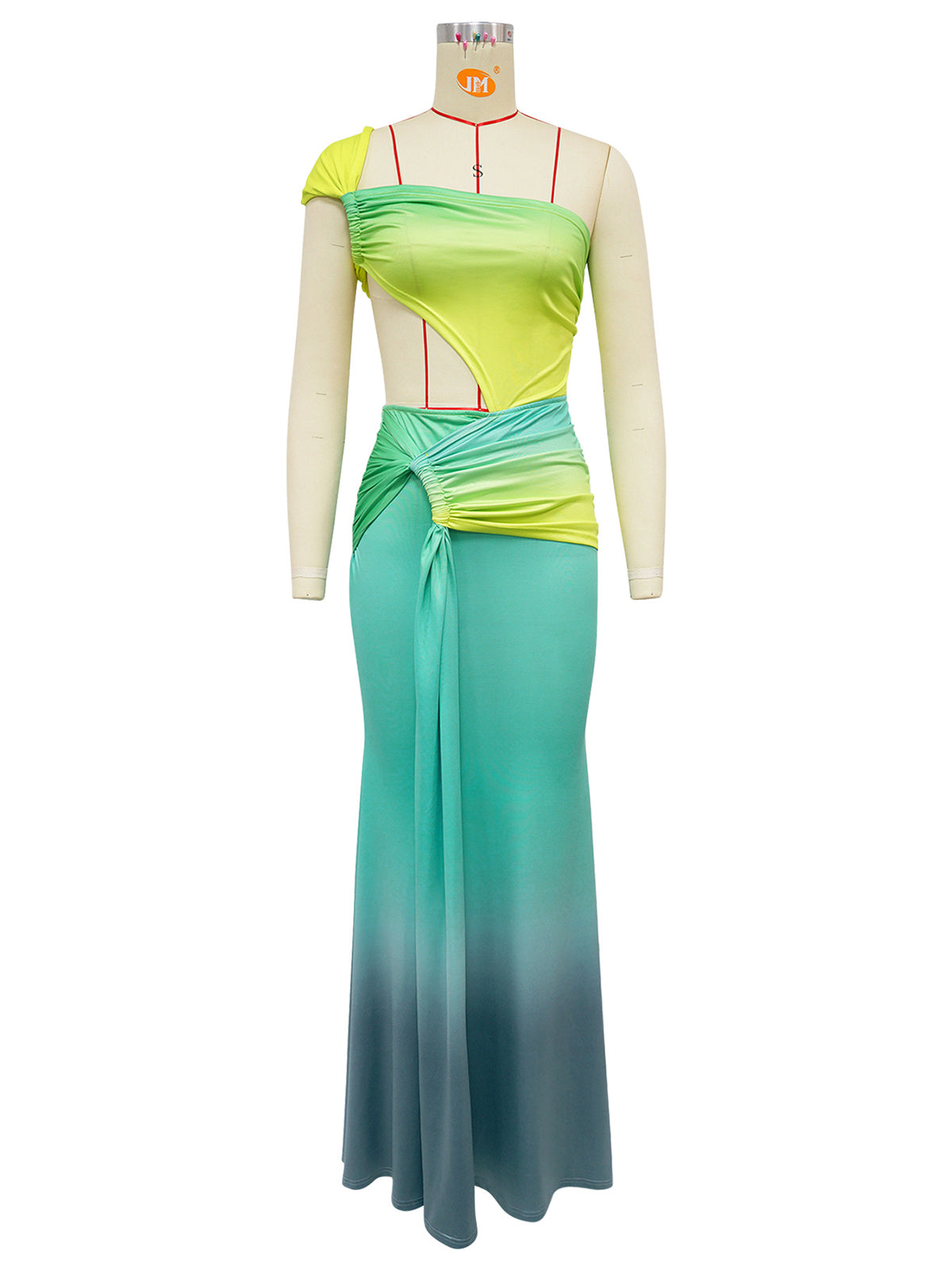 Gradient Color Cut Out Ruched Asymmetrical Maxi Dress