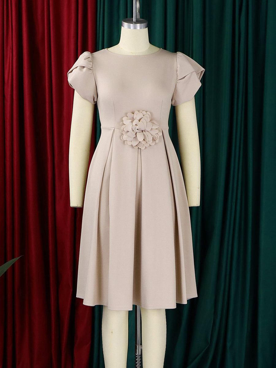 Elegant Round Neck Short Sleeve A-Line Midi Dress