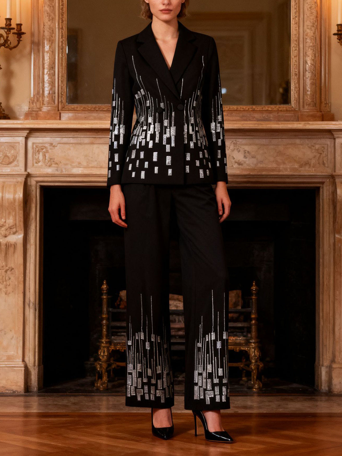 Boutique Sequin Embellishment Slim Blazer 2 Piece Suit