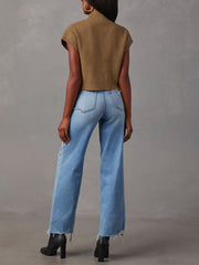 Casual Mock Neck Short Sleeve Ribbed Knit Sweater