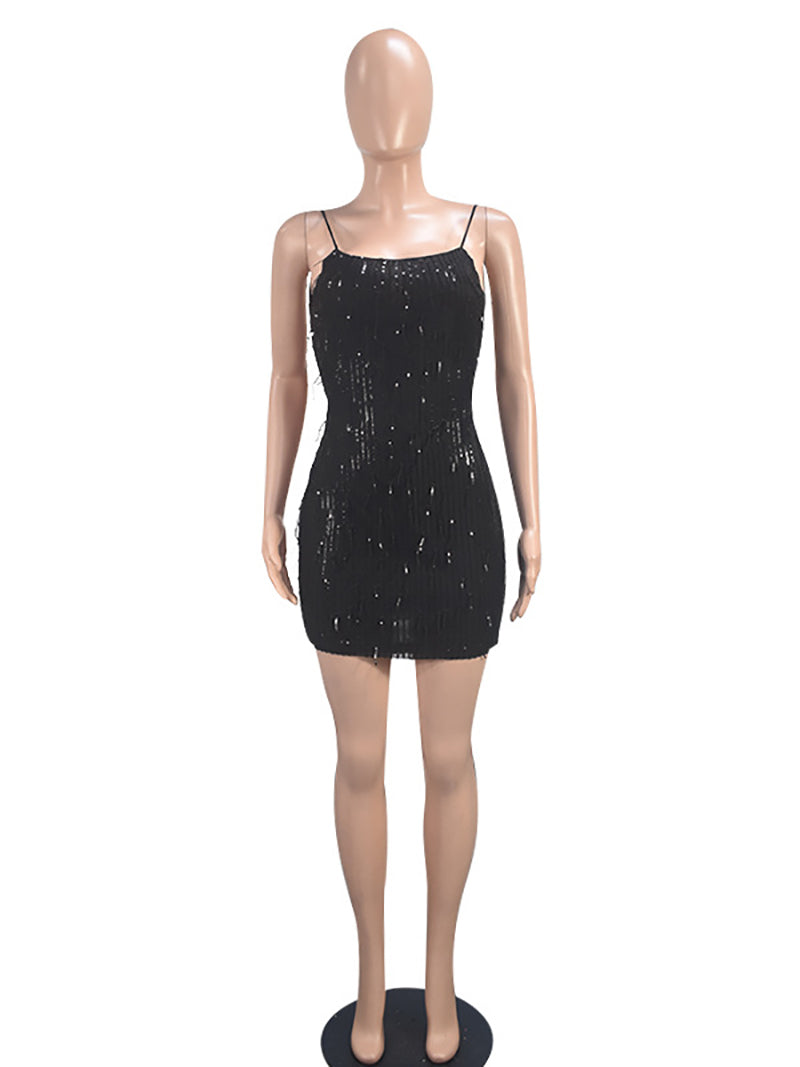 Sexy Sequin Tassel Bodycon Spaghetti Dress