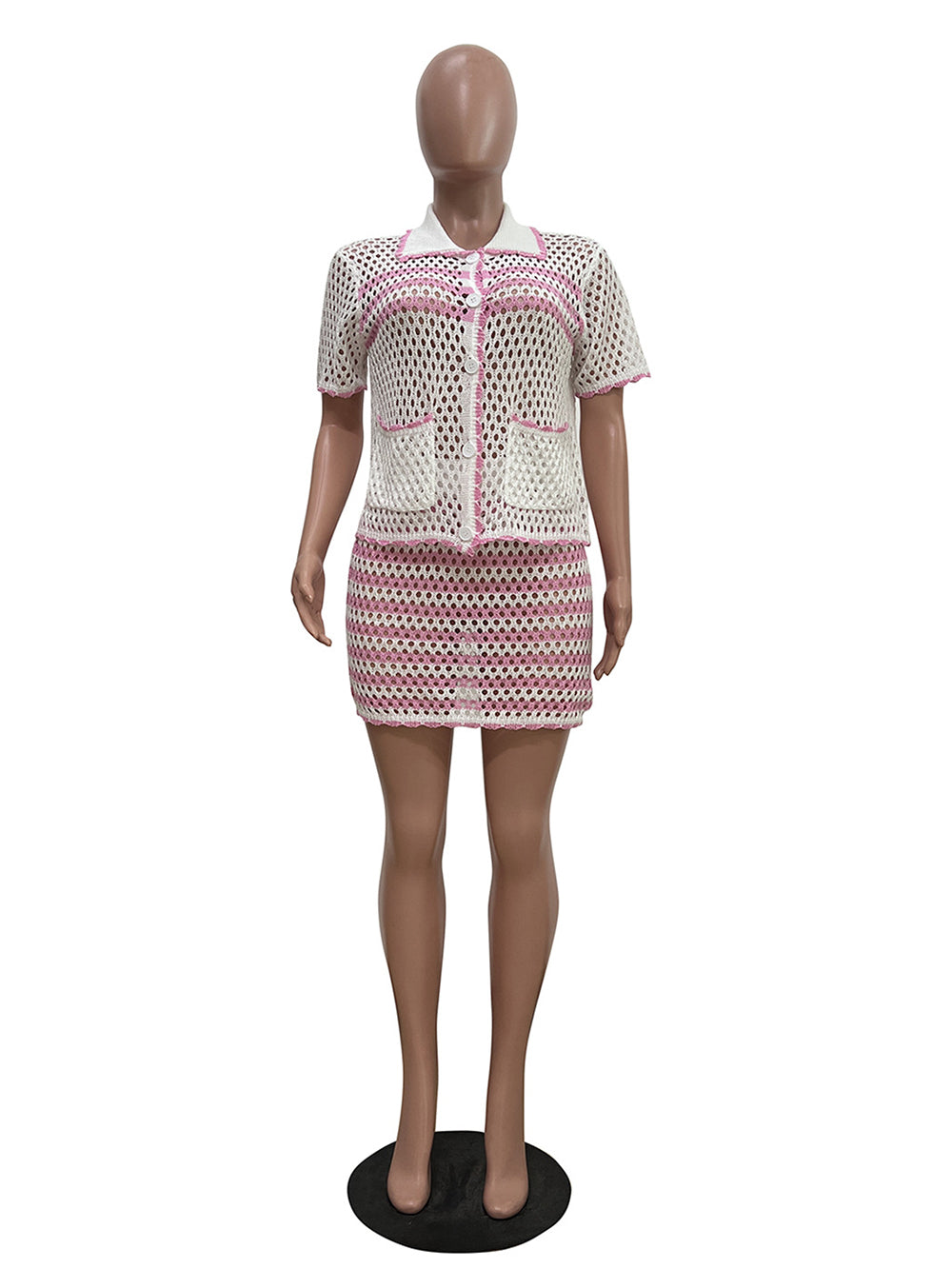 Casual Stripe Turn-down Collar Skirt Two Pieces Set