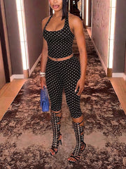 Sexy Polka Dot Halter Corset Top Capri Pants Set
