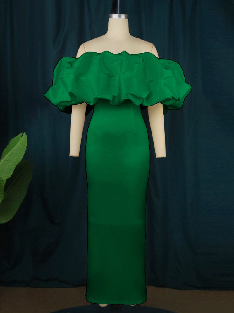 Elegant Off Shoulder Ruffle Trim Bodycon Dress