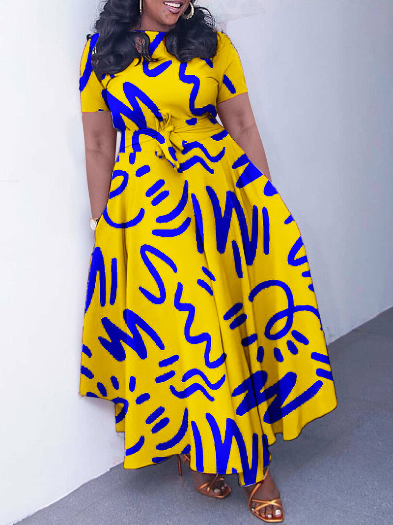 Elegant Lace-up Short Sleeve Print Dress