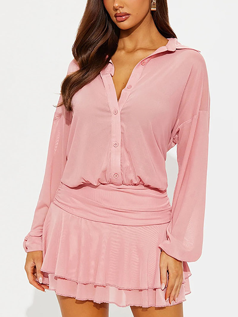 Fashion Sheer Mesh Ruffle Mini Dress
