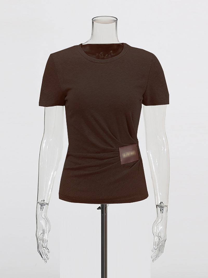 Casual Round Neck Leather Patchwork Slim T-shirt