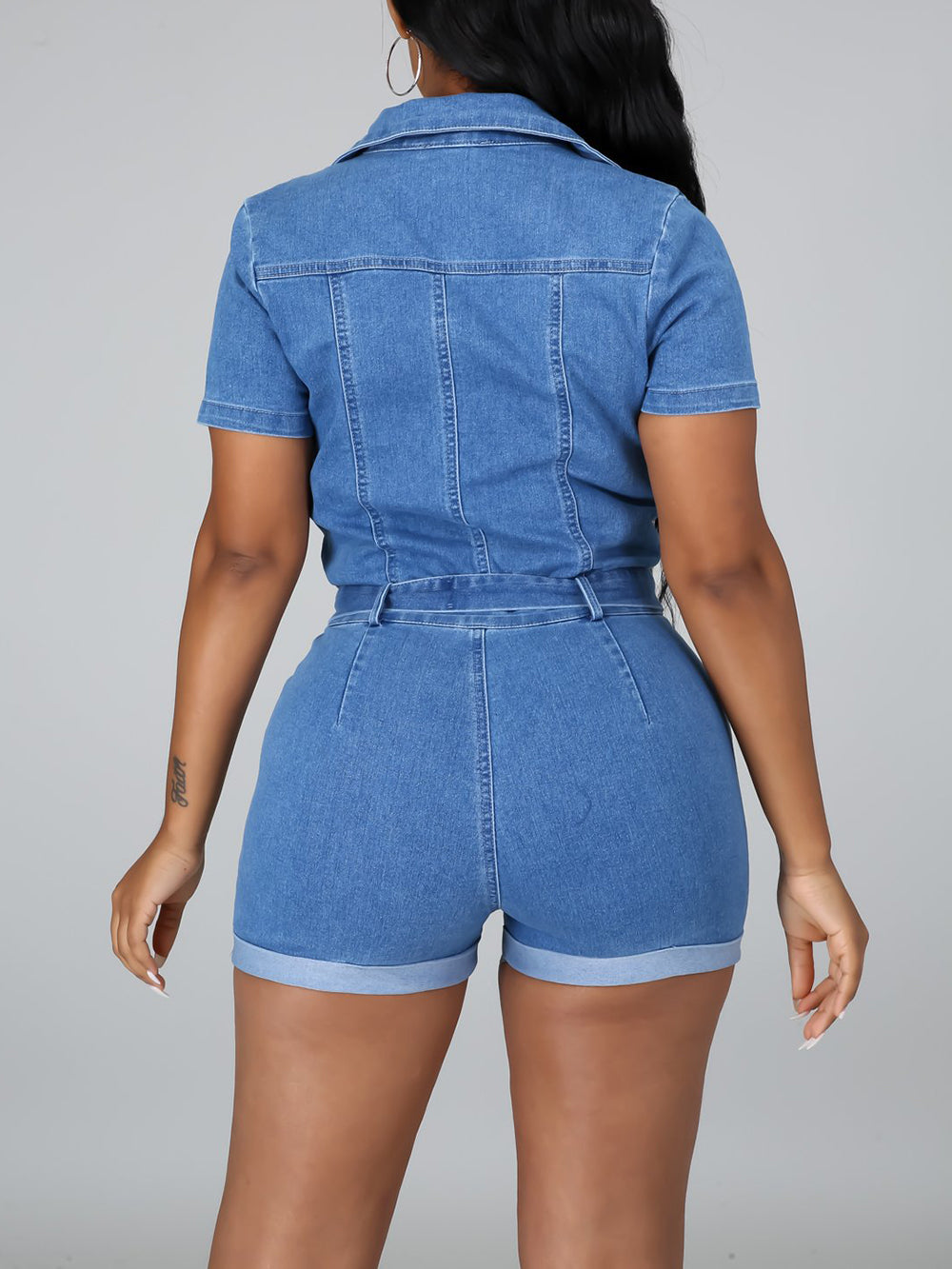 Sexy Zipper Short Sleeve Denim Rompers