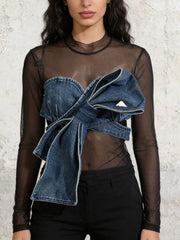 Sexy Denim Bow Patchwork See-through Mesh Top