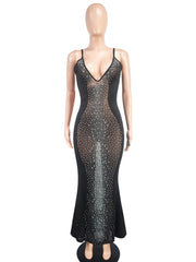 See through Halter Rhinestone Maxi Dress