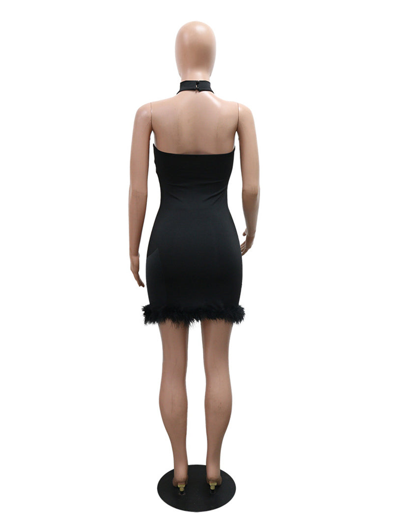 Sexy Rhinestones Halter Fur Trim Slim Mini Dress