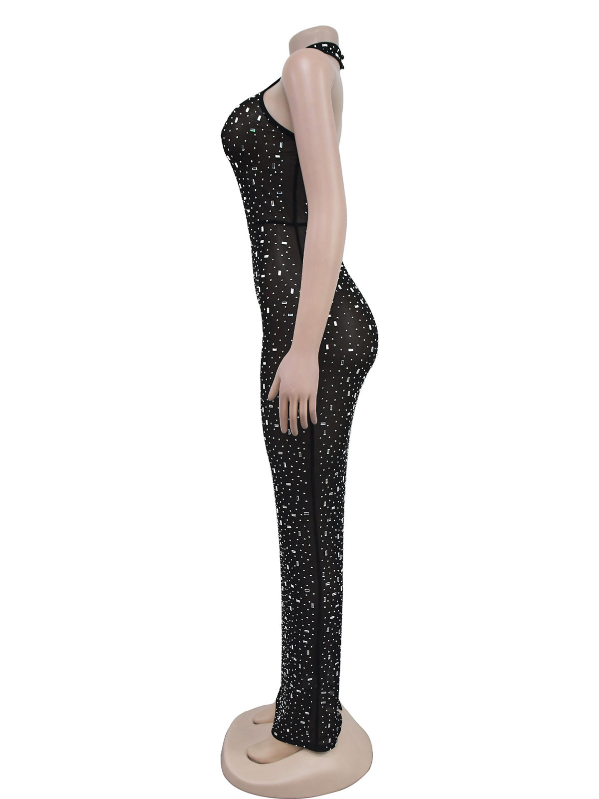 Sheer Rhinestone Halter Party Club Maxi Dress