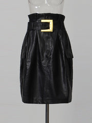 Belted Leather Look Pocket Pencil Skirt-boutique