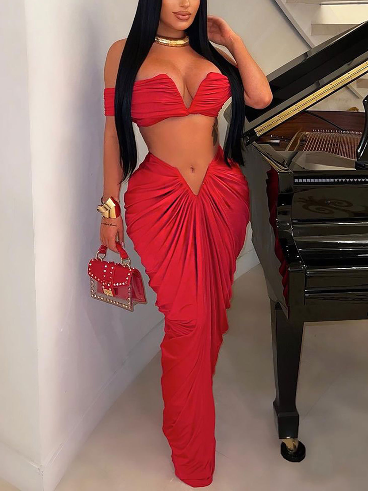 Sexy Off Shoulder Crop Tops Pleated Skirt Set