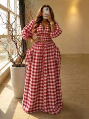 Plaid Balloon Sleeve Blouse and Skirt Set