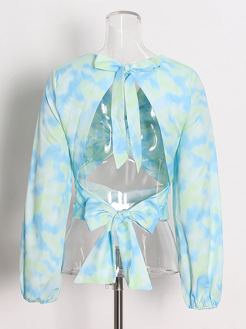 Casual Print Slim Hollow Out Backless Cropped Shirt