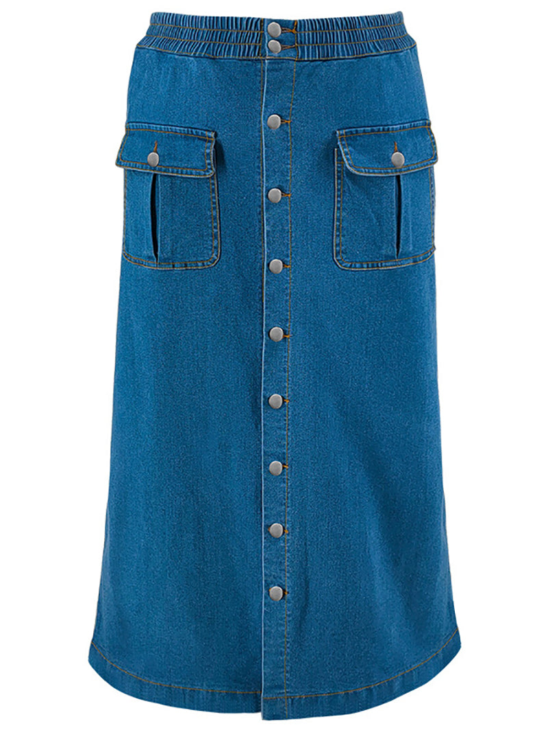 High Waist Button Fly Flap Detail Denim Skirt