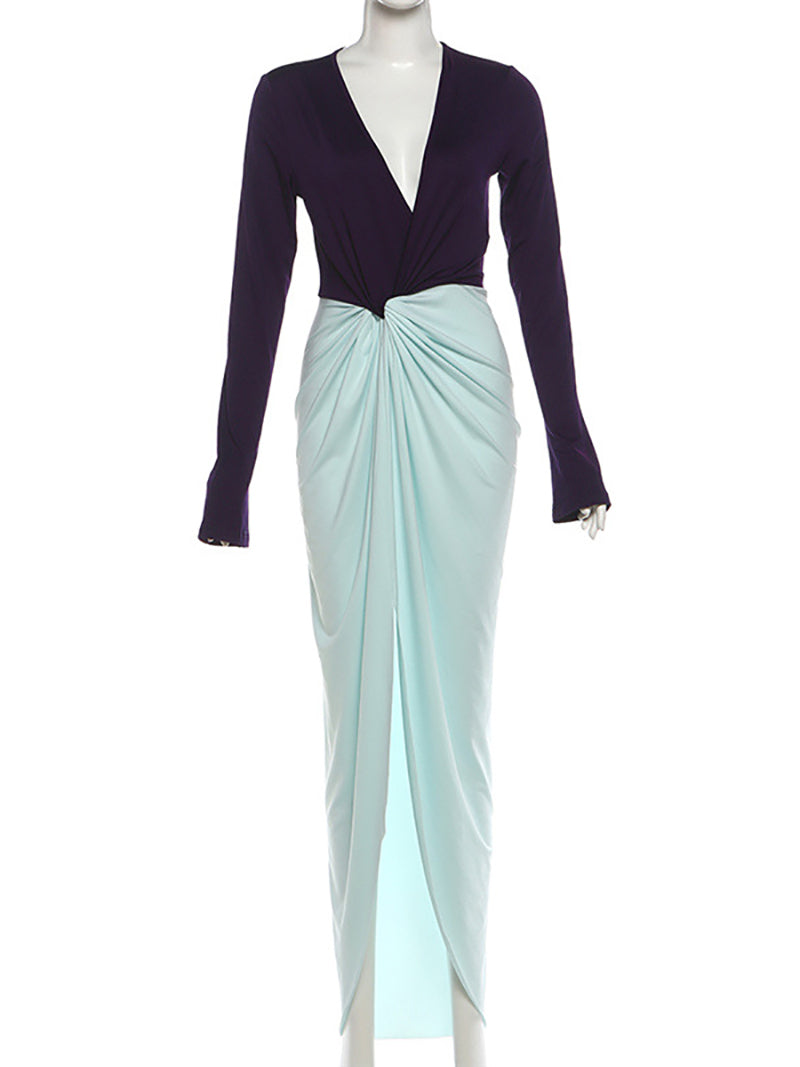 Fashion Deep V  Long Sleeve Contrast Color Knot Gown